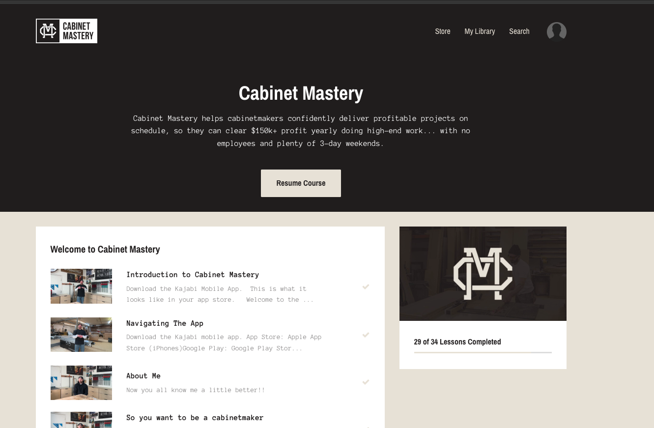 Kajabi Course Example - Cabinet Mastery 1