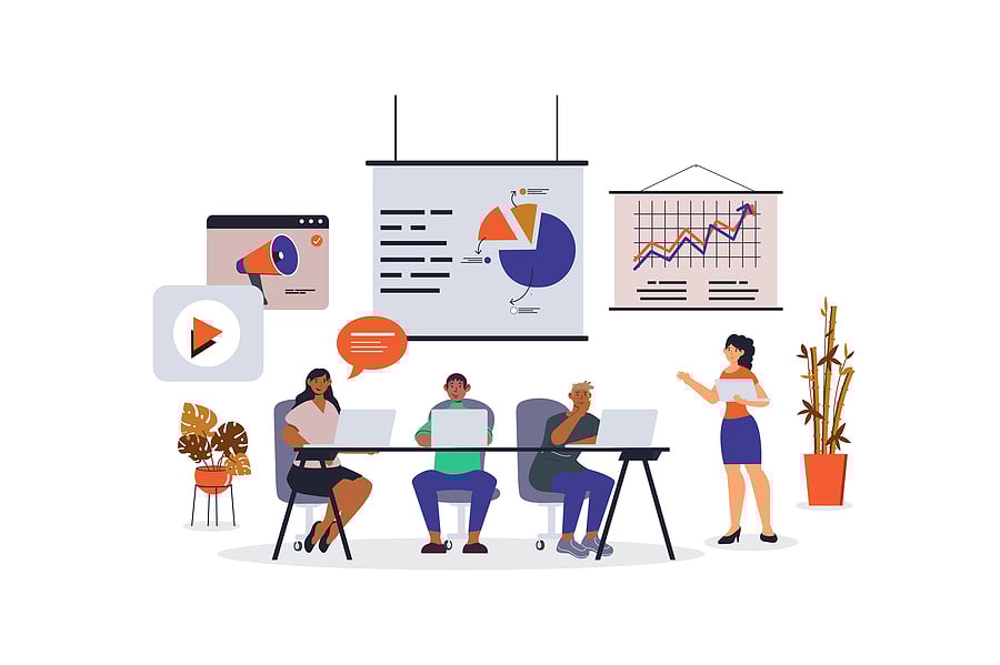 illustration of people sitting around a desk planning their marketing strategy